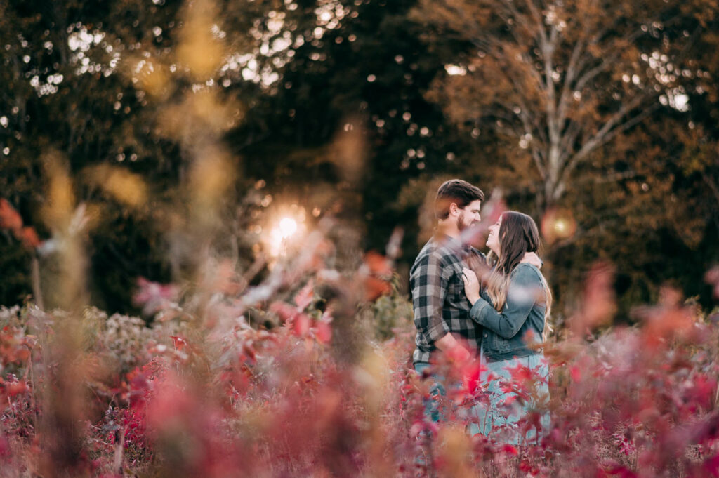 A couple poses behind a red plant at Haley Farm, one of the better engagement photo locations in Connecticut.