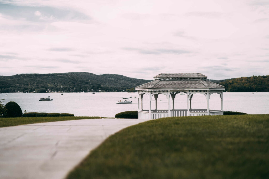 Before a Candlewood Lake wedding, the gazebo and winding, paved path a calm.