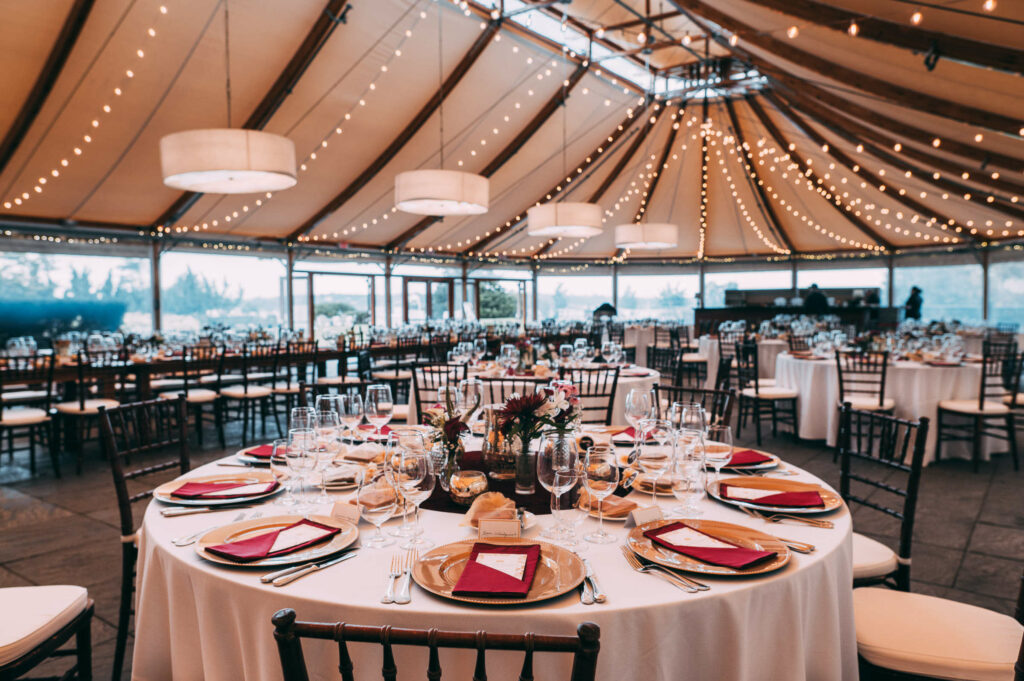 The dining room of the tent during a Castle Hill Inn wedding.